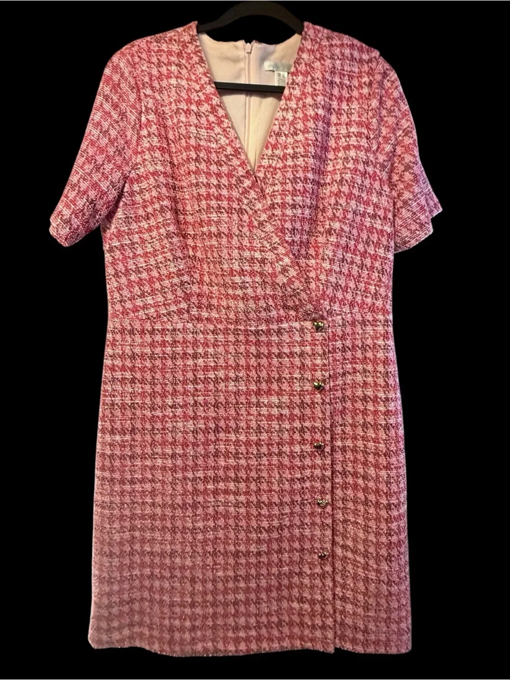 London Times Pink Houndstooth Tweed Faux-Wrap Dress Gold Heart Buttons NWT - Picture 1 of 6